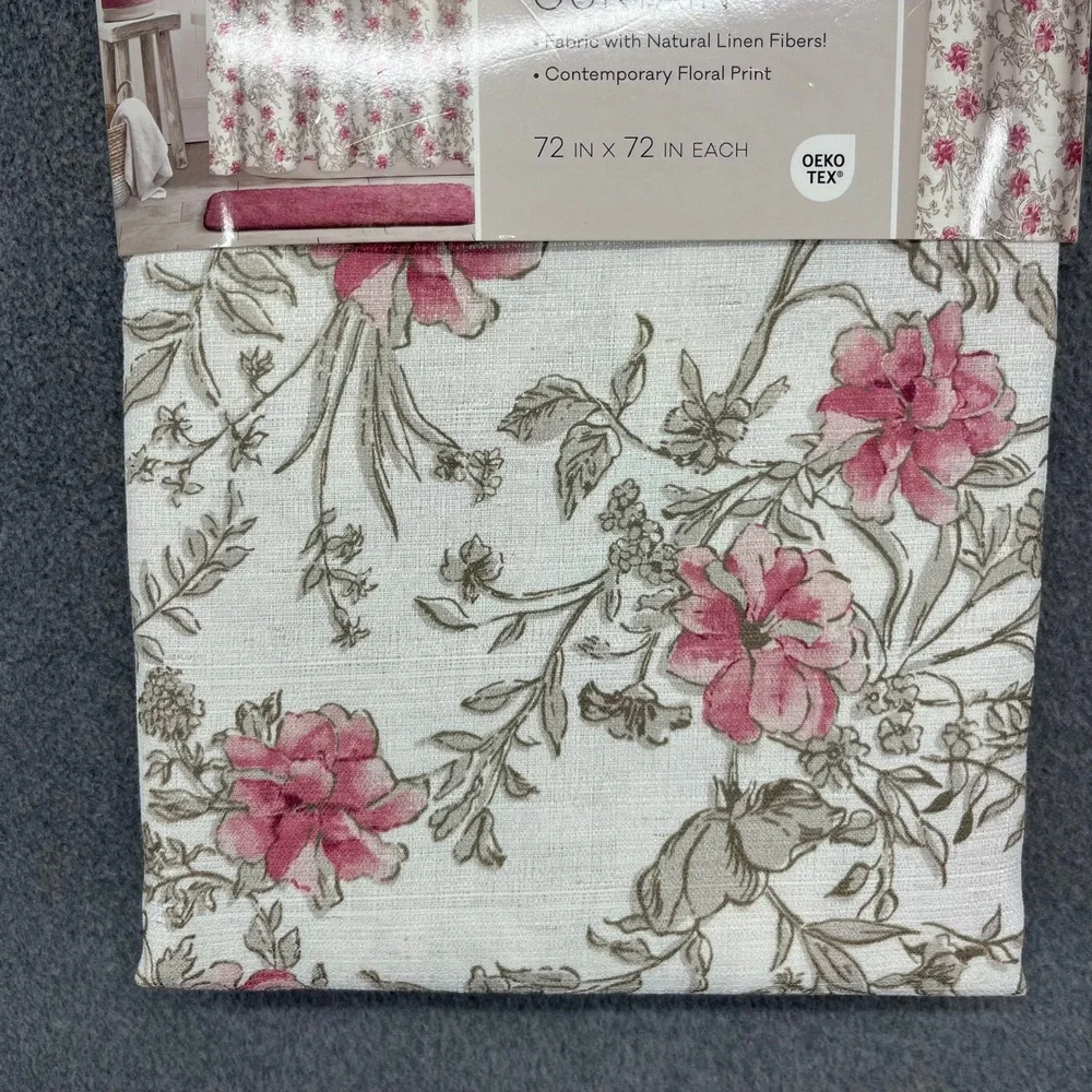 Colordrift Shower Curtain 72x72 Ivory Pink Floral Water Garden Linen Blend